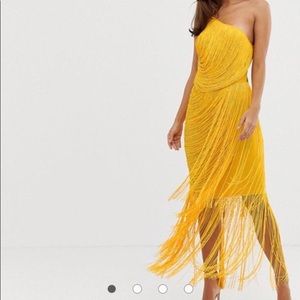 all over drape fringe one shoulder maxi dress